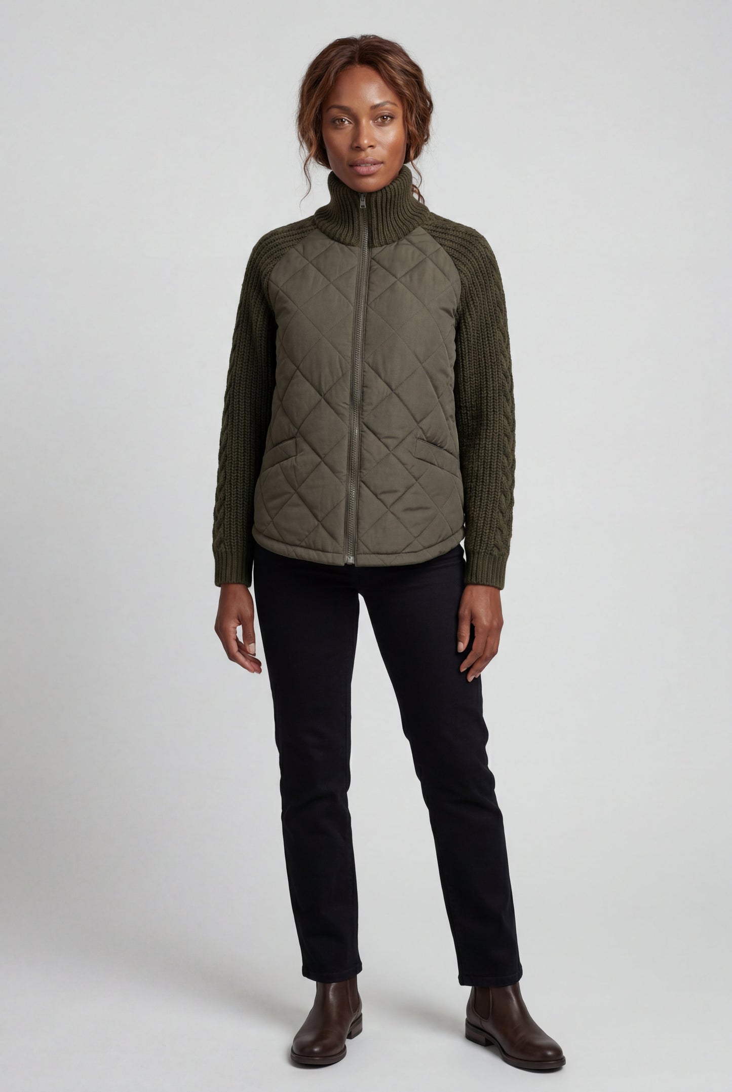 Harlow | Women's Diamond Quilted Hybrid Jacket, Knit Sleeves