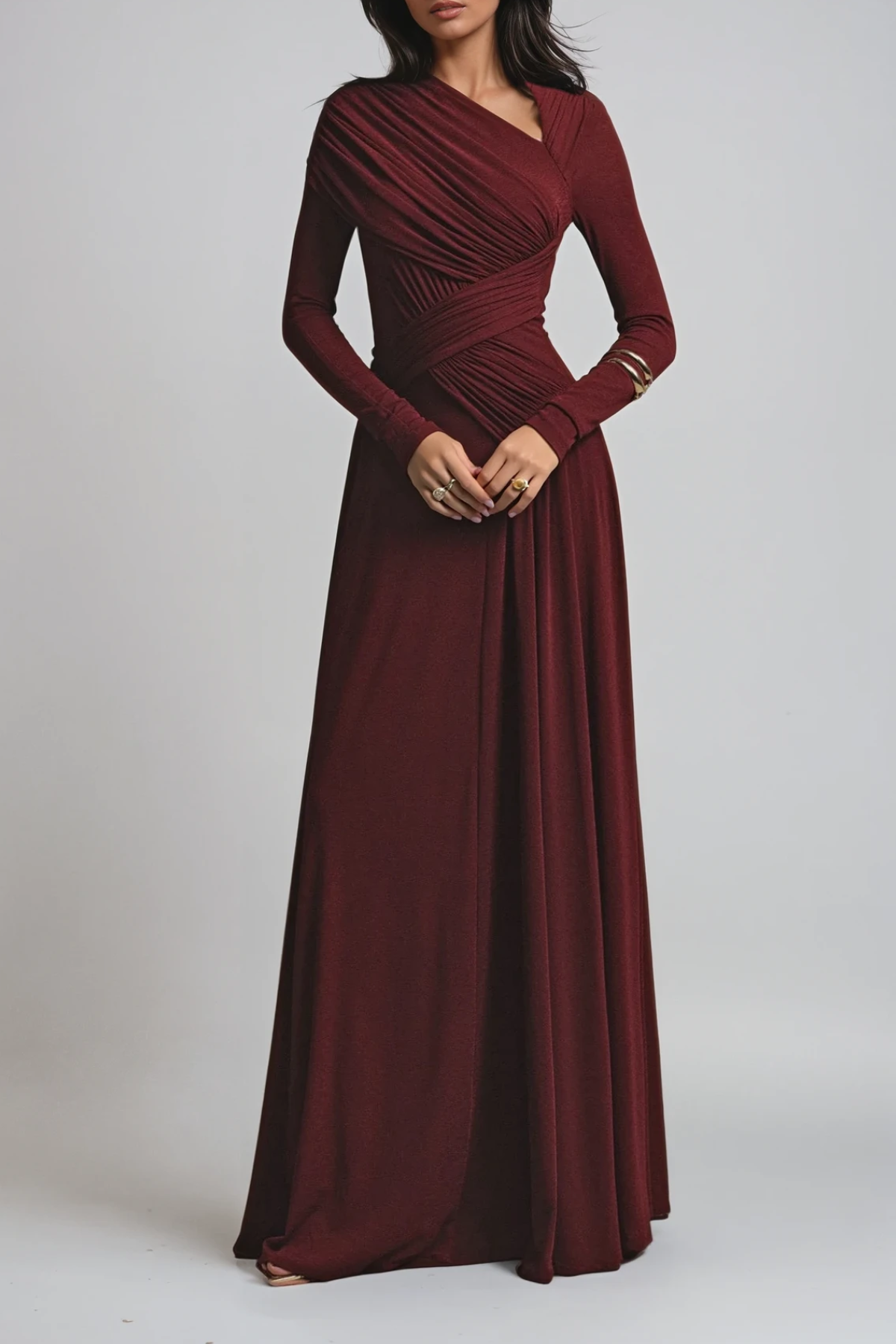 Long Sleeve Ruched Evening Maxi Dress with Asymmetric Neckline
