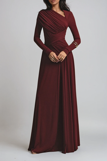 Long Sleeve Ruched Evening Maxi Dress with Asymmetric Neckline