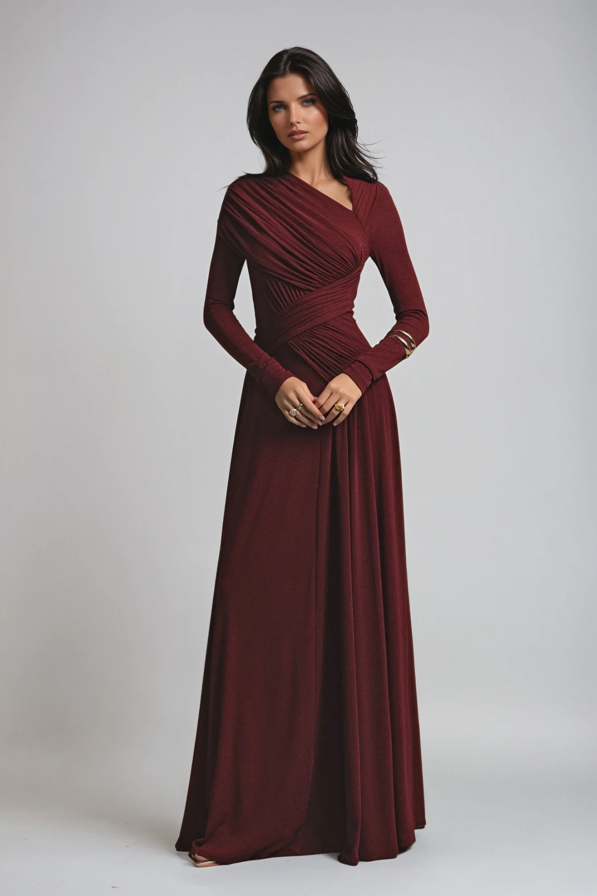 Long Sleeve Ruched Evening Maxi Dress with Asymmetric Neckline