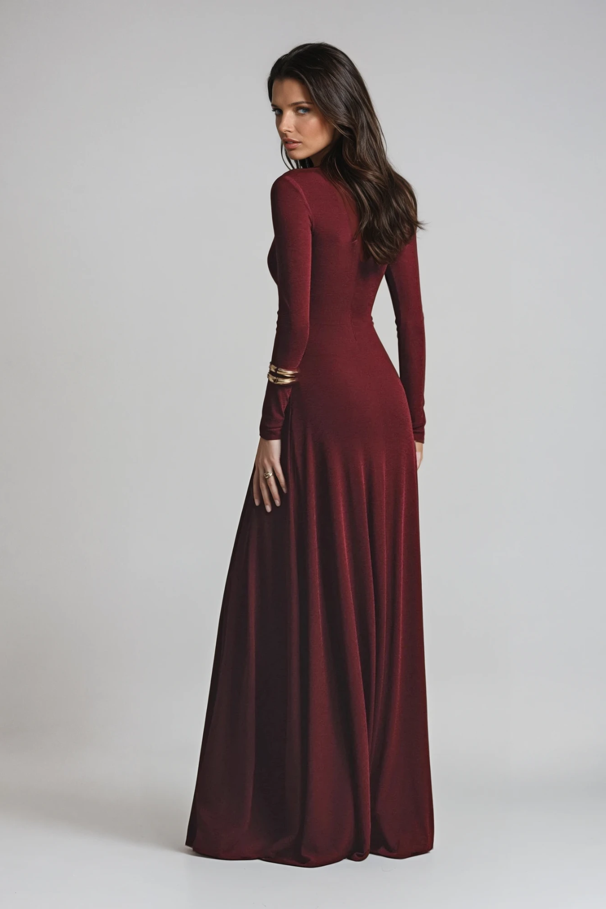 Long Sleeve Ruched Evening Maxi Dress with Asymmetric Neckline