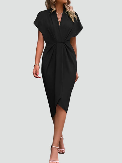 Dravinda | Draped Deep V Split Hem Occasion Midi Dress