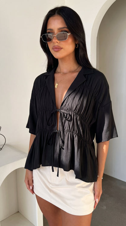 Kailey | Tie-Front V-Neck Collared Top