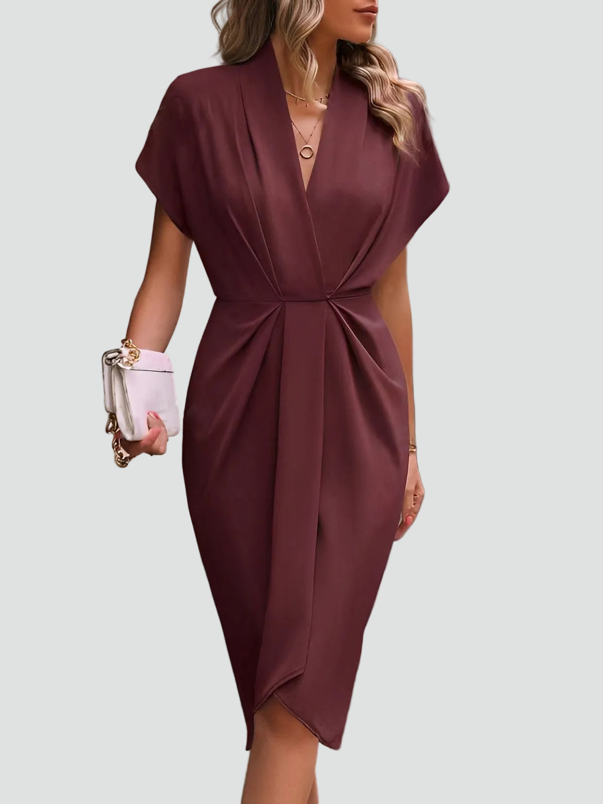 Dravinda | Draped Deep V Split Hem Occasion Midi Dress