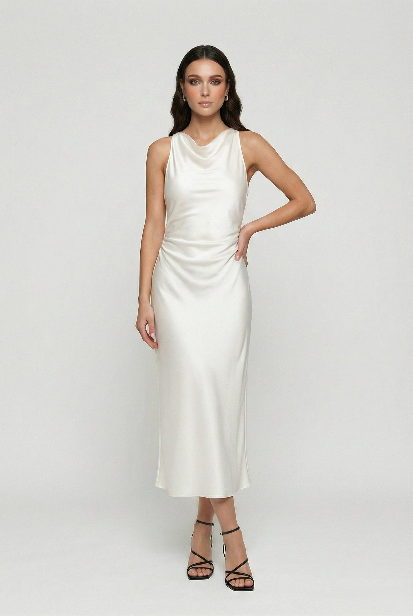 Cowl Neck Satin Midi Dress — Elegant Bias Cut