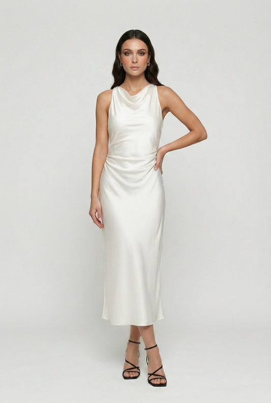 Cowl Neck Satin Midi Dress — Elegant Bias Cut