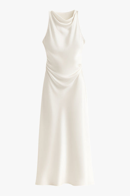 Cowl Neck Satin Midi Dress — Elegant Bias Cut