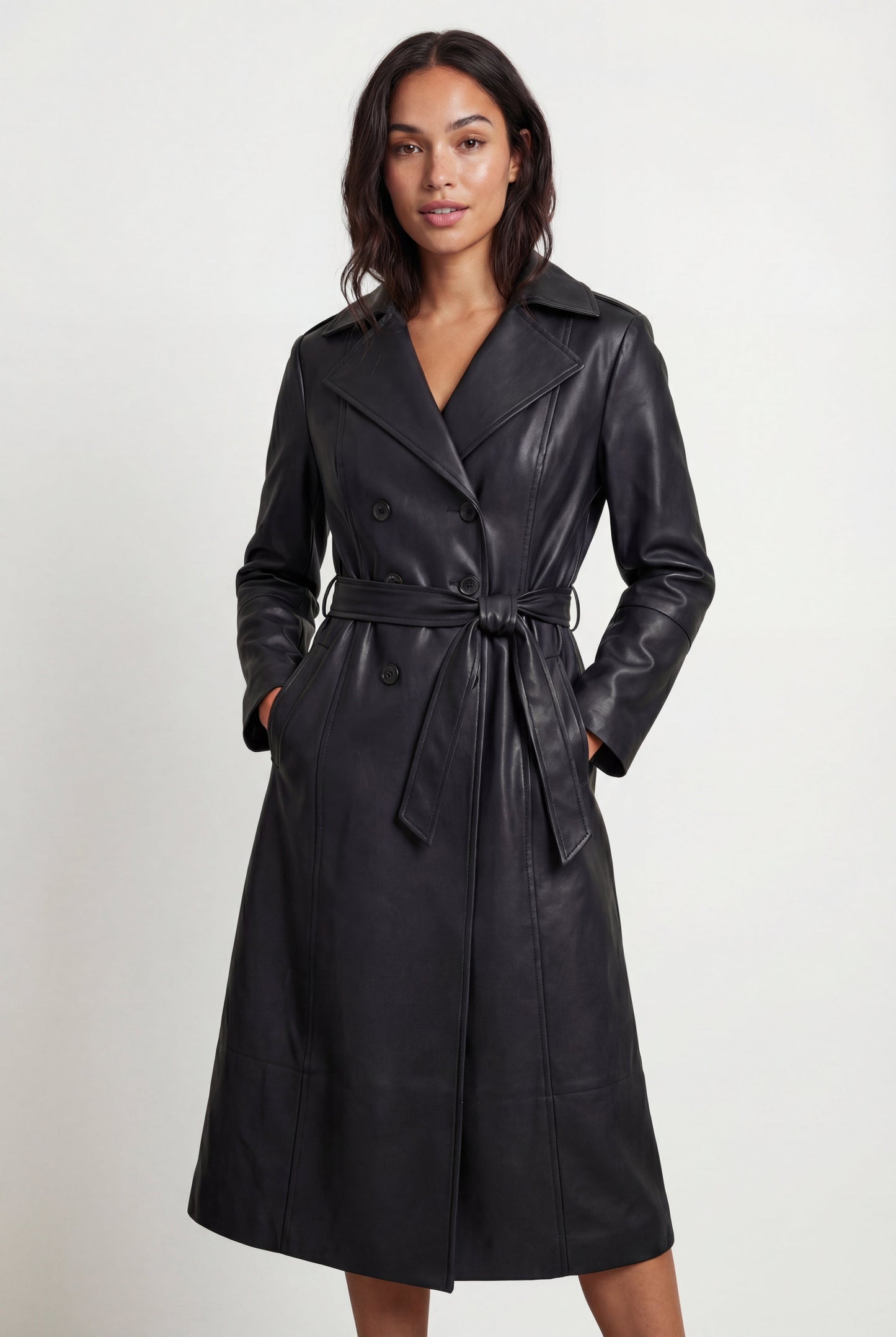 Raven | Women's Belted Faux Leather Trench Coat