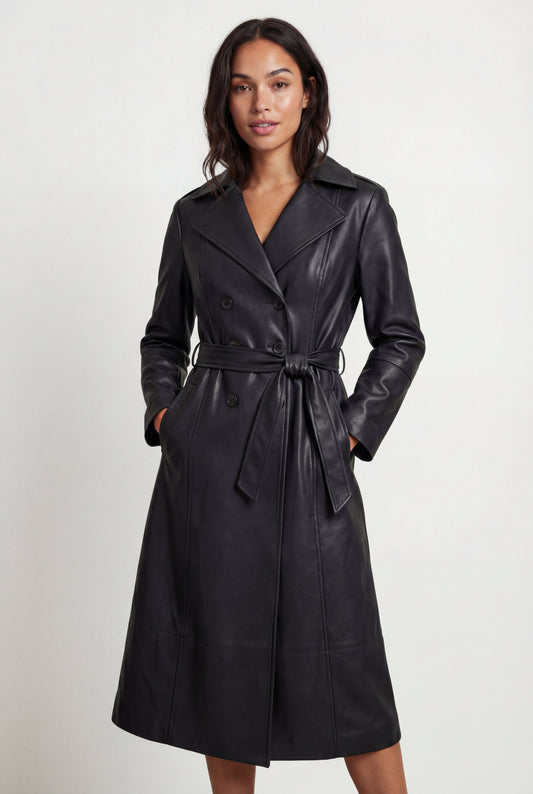 Raven | Women's Belted Faux Leather Trench Coat