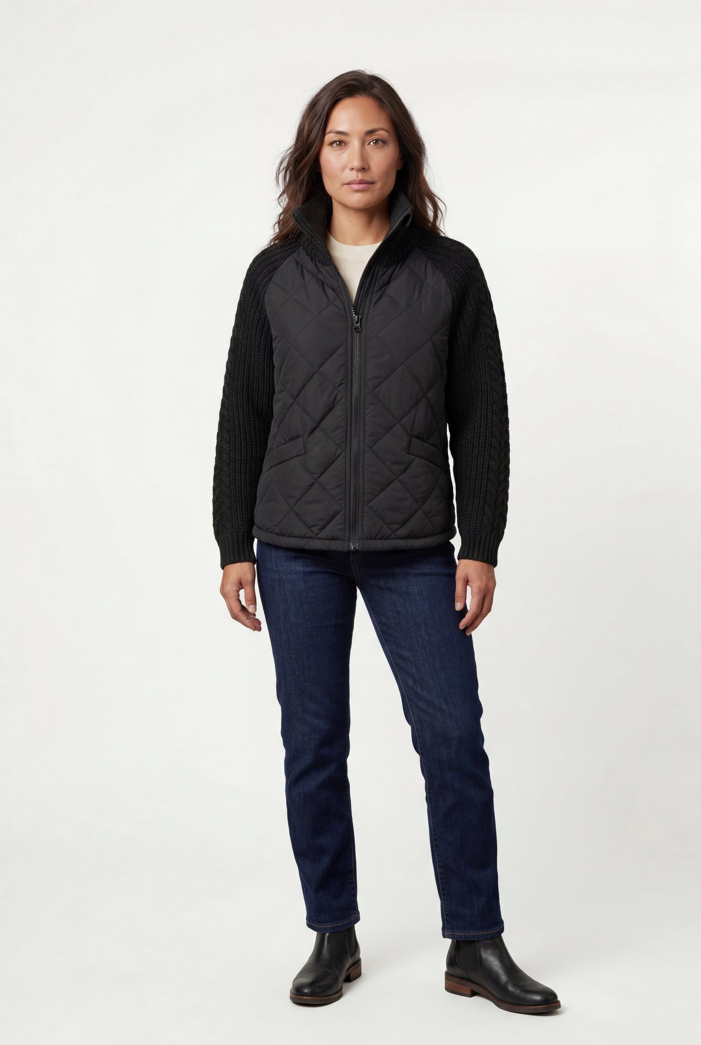 Harlow | Women's Diamond Quilted Hybrid Jacket, Knit Sleeves