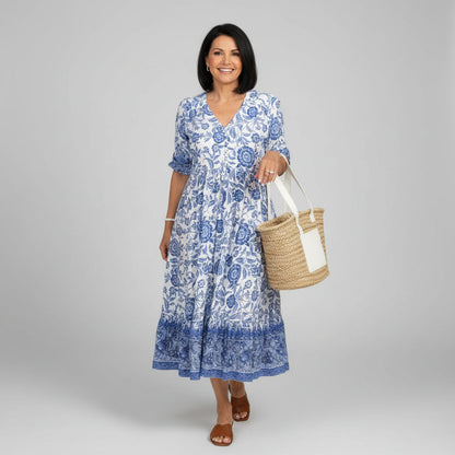 Tiered Boho Midi Dress in Block Print — Summer Style