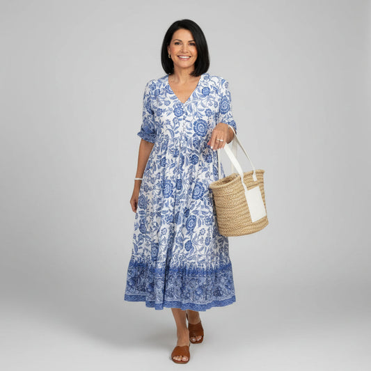 Tiered Boho Midi Dress in Block Print — Summer Style