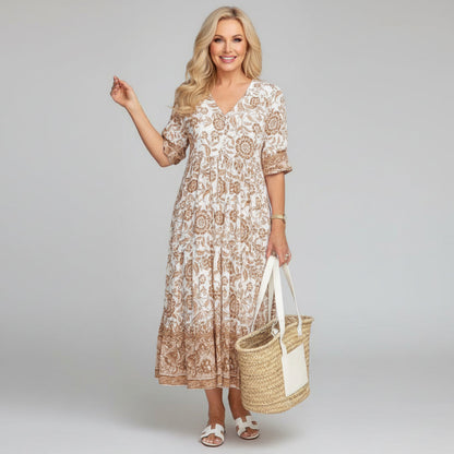 Tiered Boho Midi Dress in Block Print — Summer Style