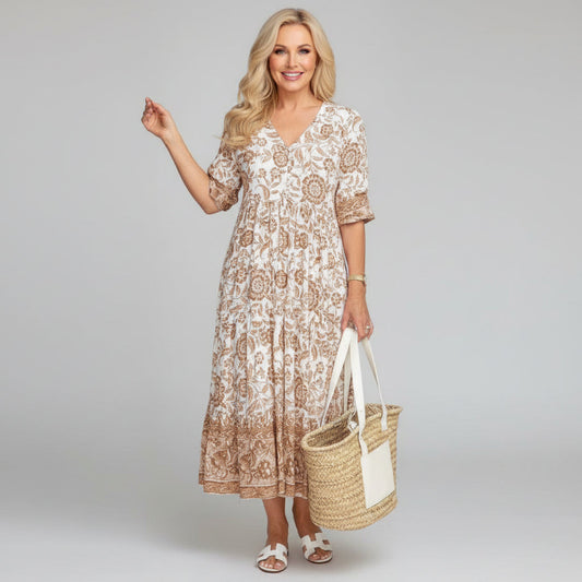 Tiered Boho Midi Dress in Block Print — Summer Style