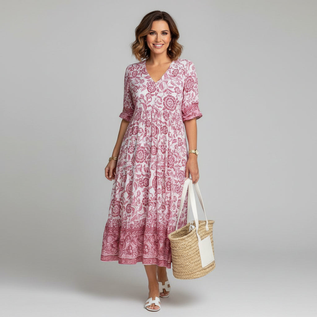 Tiered Boho Midi Dress in Block Print — Summer Style