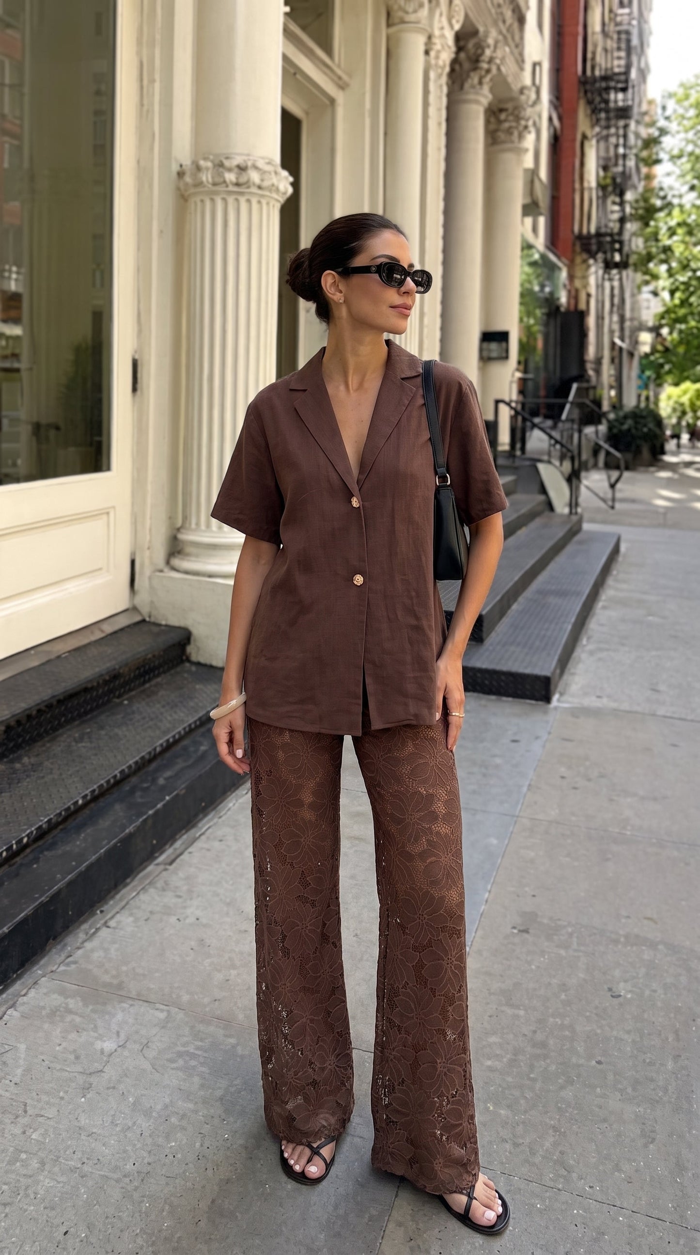 Quinn | Cotton V-Neck Set with Lace-Trim Pants