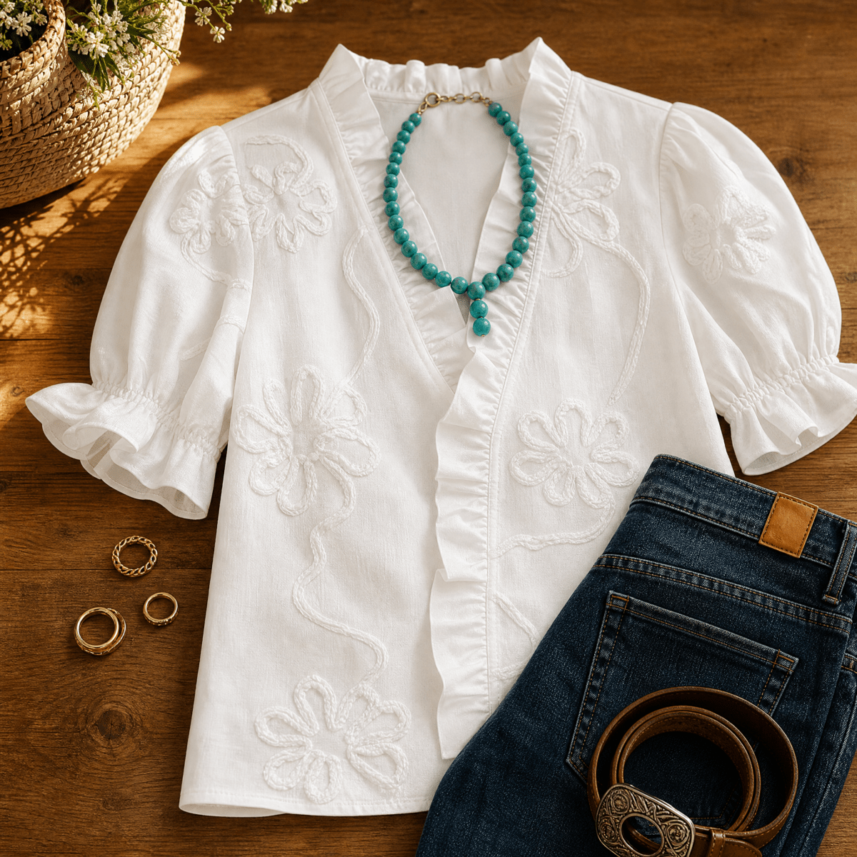 Brinley | Floral Embroidered Puff Sleeve Blouse