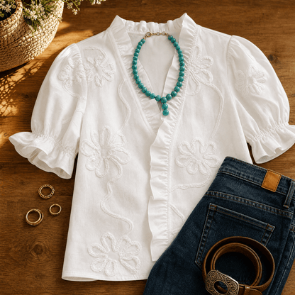 Brinley | Floral Embroidered Puff Sleeve Blouse