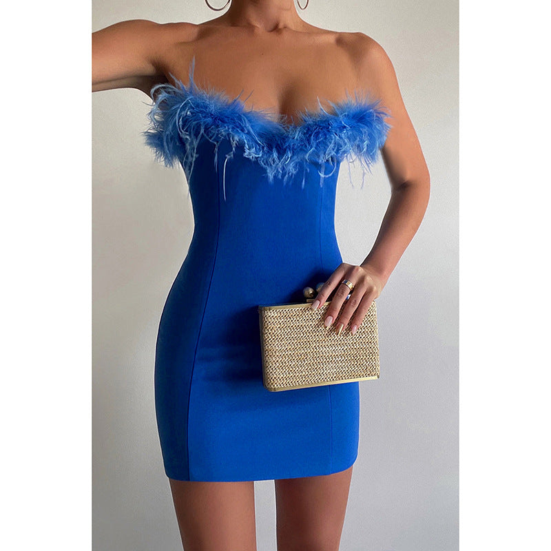 Feather Trim Cocktail Dress For Women