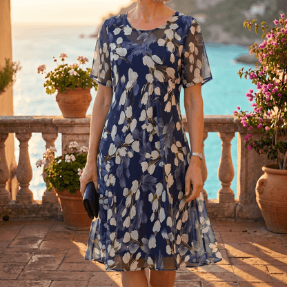 Calanthe | Navy Tulip Print Midi Dress
