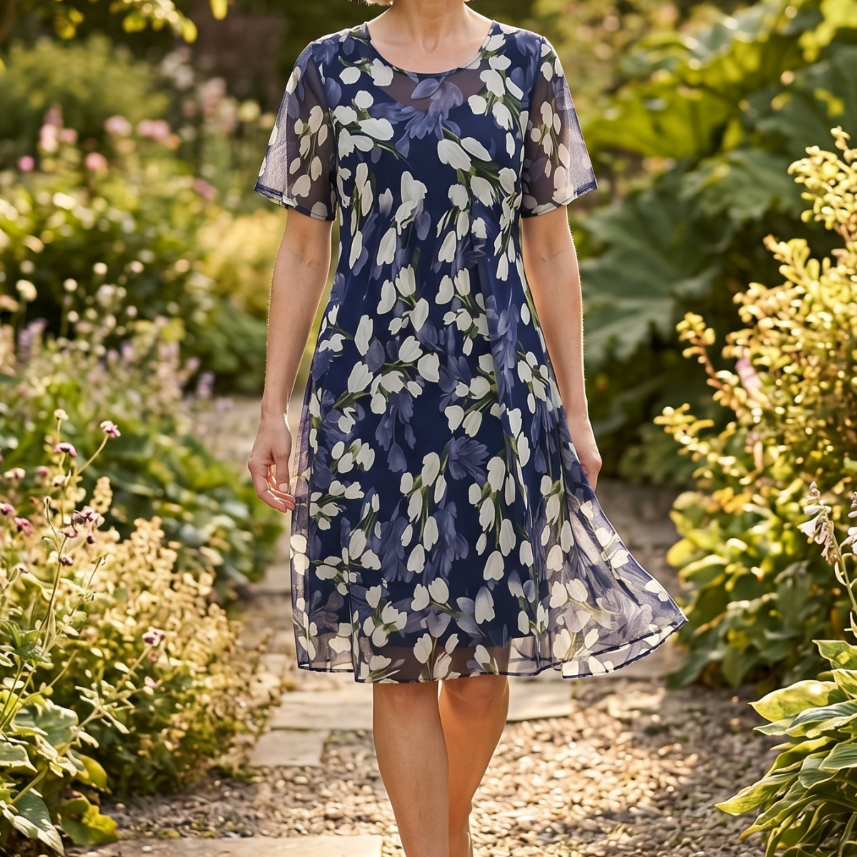 Calanthe | Navy Tulip Print Midi Dress
