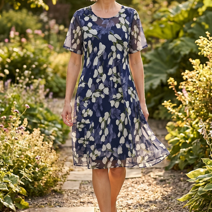 Calanthe | Navy Tulip Print Midi Dress
