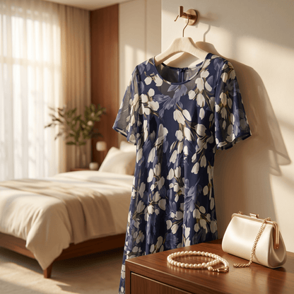 Calanthe | Navy Tulip Print Midi Dress