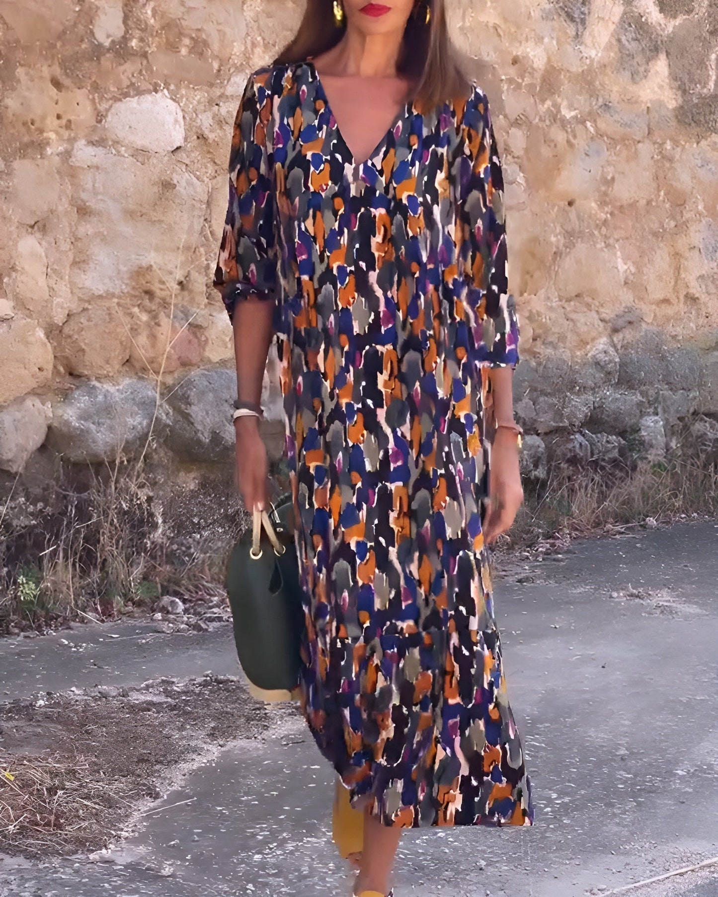 Leora | Bold Abstract Print V-Neck Midi Dress