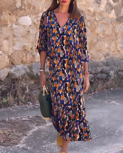 Leora | Bold Abstract Print V-Neck Midi Dress