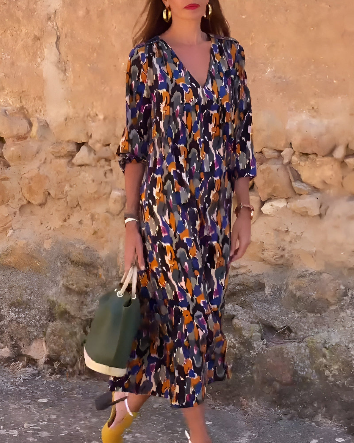 Leora | Bold Abstract Print V-Neck Midi Dress