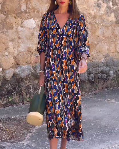 Leora | Bold Abstract Print V-Neck Midi Dress