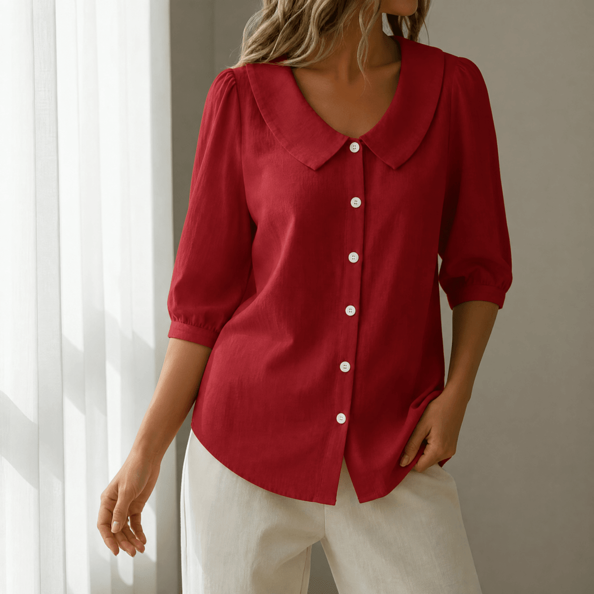Calvine | Peter Pan Collar Button-Up Summer Blouse