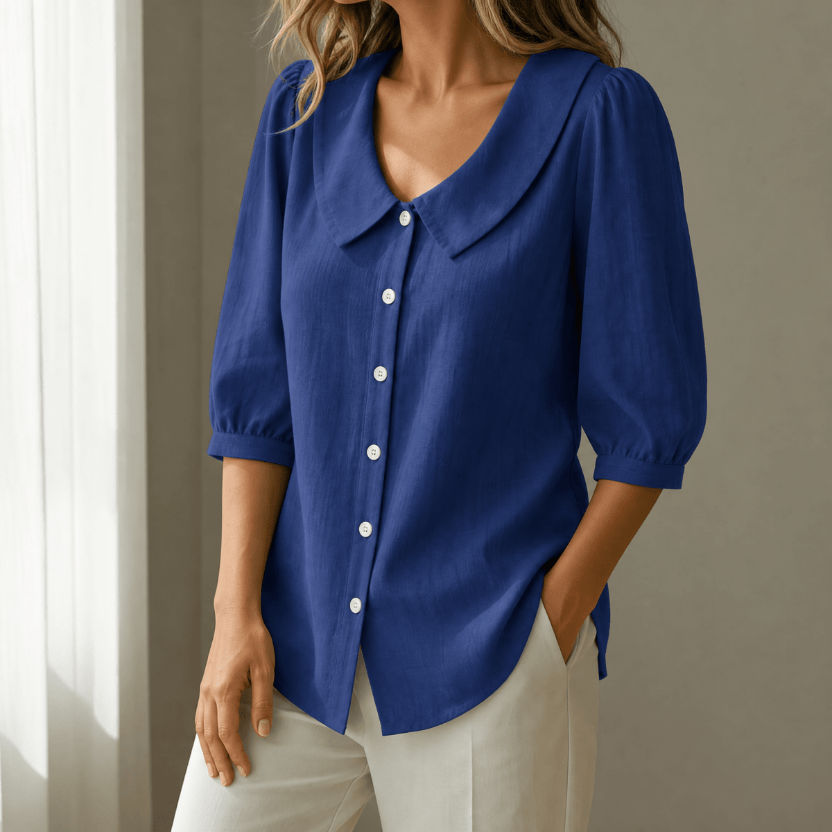 Calvine | Peter Pan Collar Button-Up Summer Blouse