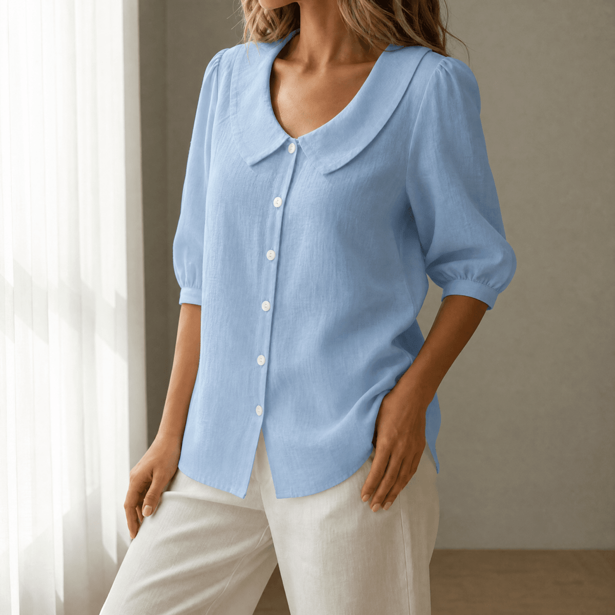 Calvine | Peter Pan Collar Button-Up Summer Blouse