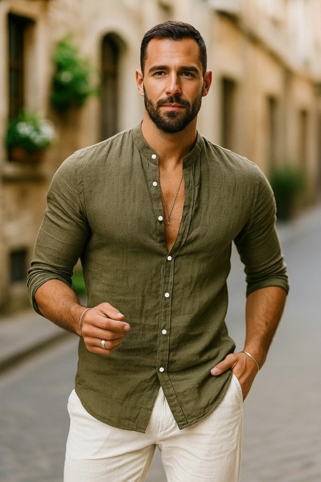 Wade | Men's Long-Sleeve Linen Mandarin Collar Shirt
