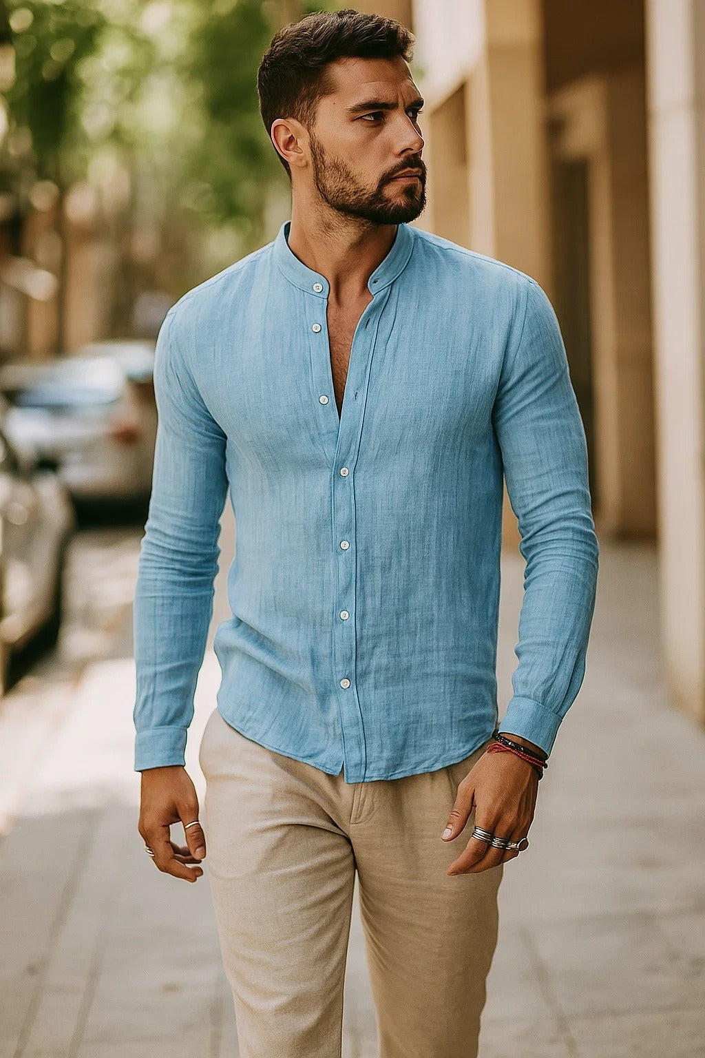 Wade | Men's Long-Sleeve Linen Mandarin Collar Shirt