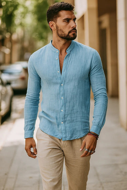 Wade | Men's Long-Sleeve Linen Mandarin Collar Shirt