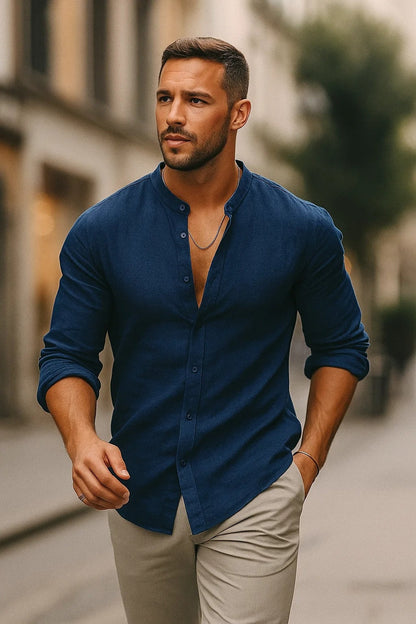 Wade | Men's Long-Sleeve Linen Mandarin Collar Shirt