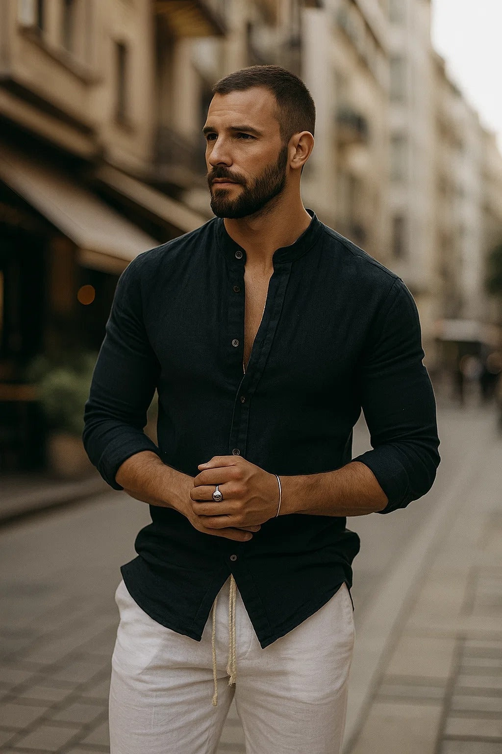 Wade | Men's Long-Sleeve Linen Mandarin Collar Shirt