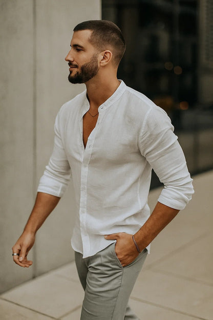 Wade | Men's Long-Sleeve Linen Mandarin Collar Shirt