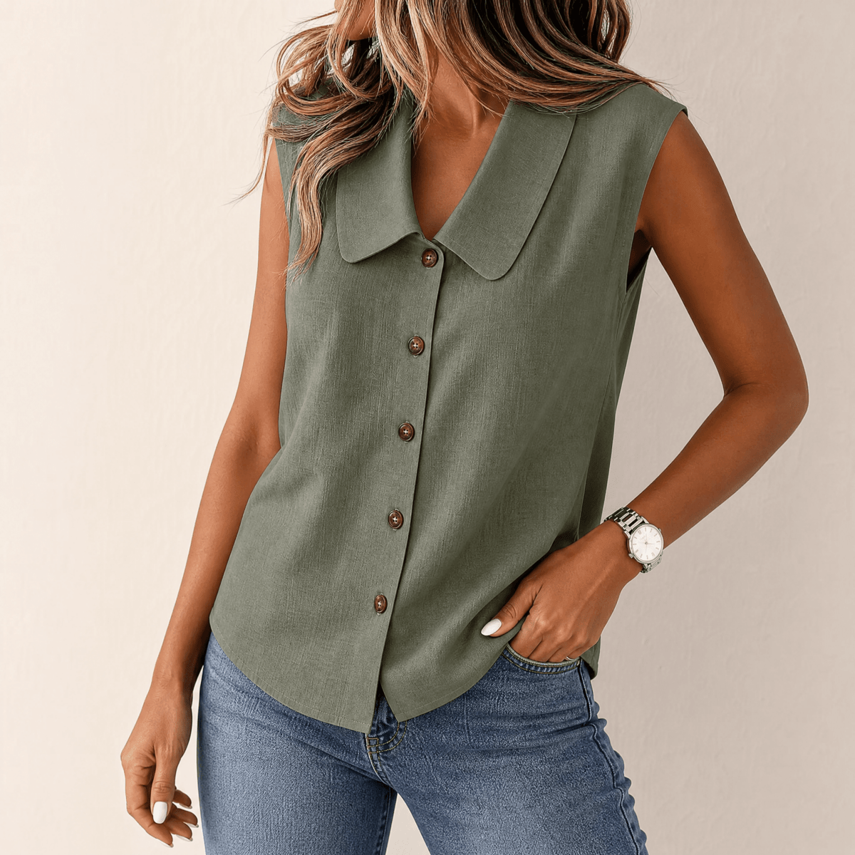 Carinda | Sleeveless Collared Button Blouse
