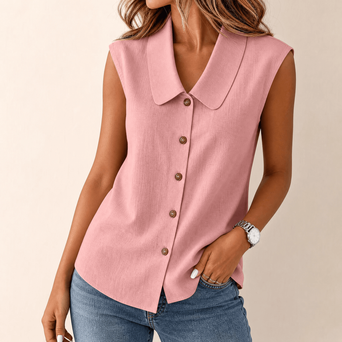 Carinda | Sleeveless Collared Button Blouse