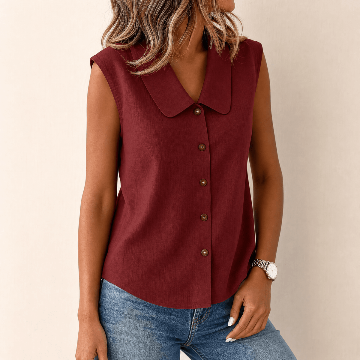 Carinda | Sleeveless Collared Button Blouse