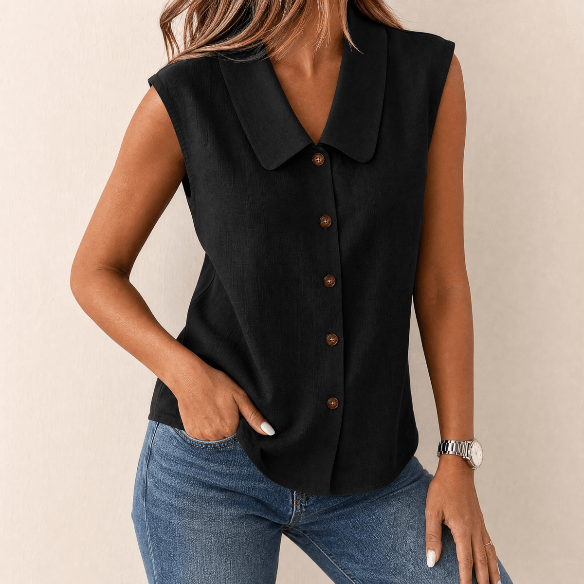 Carinda | Sleeveless Collared Button Blouse
