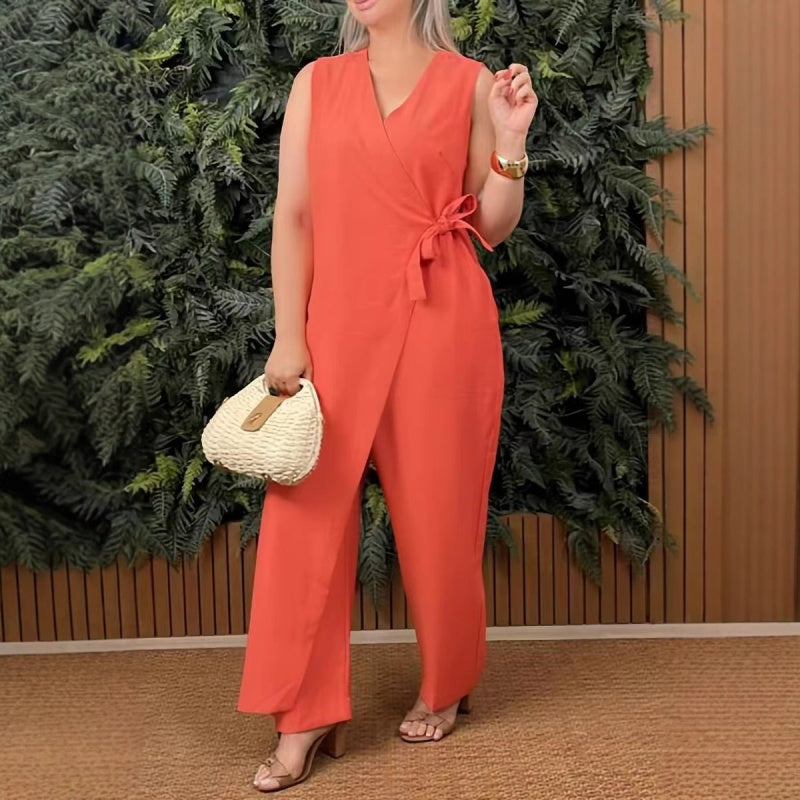 Freya | Tie Waist Sleeveless Wide Leg Jumpsuit