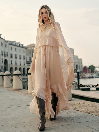 Elegant Chiffon Layered Dress With Cloak