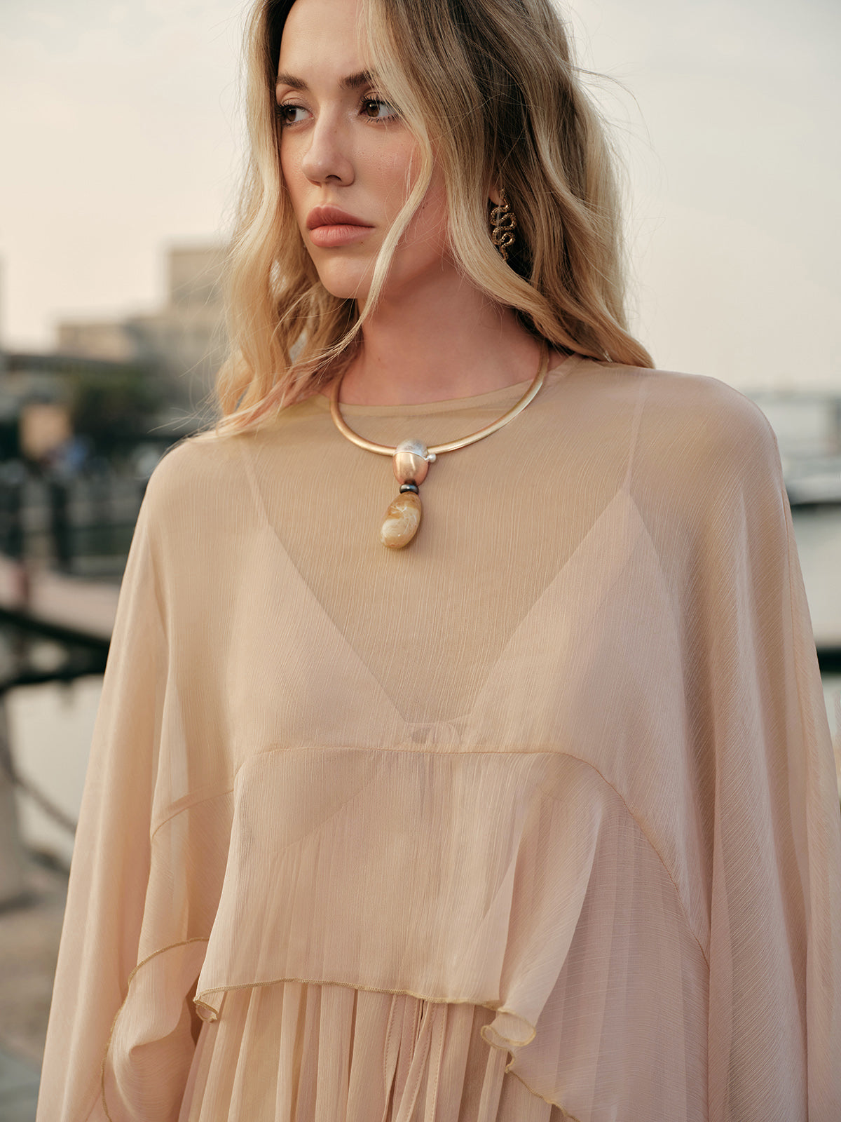 Elegant Chiffon Layered Dress With Cloak