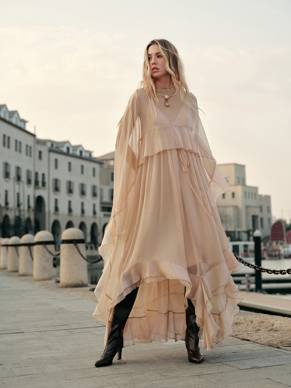 Elegant Chiffon Layered Dress With Cloak