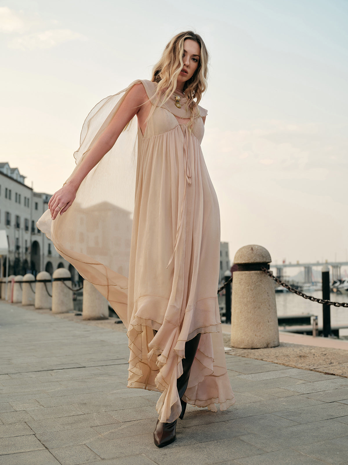 Elegant Chiffon Layered Dress With Cloak