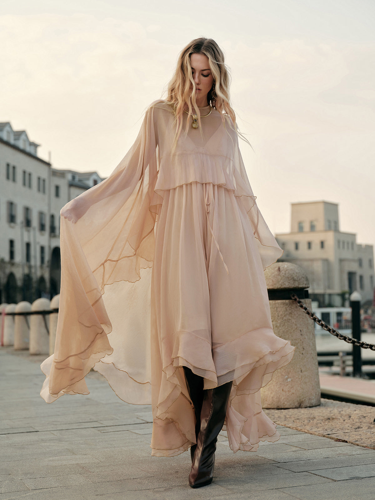 Elegant Chiffon Layered Dress With Cloak